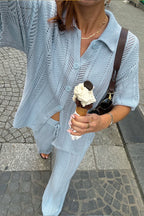 Openwork Cardigan Short Sleeve Top Pants Set