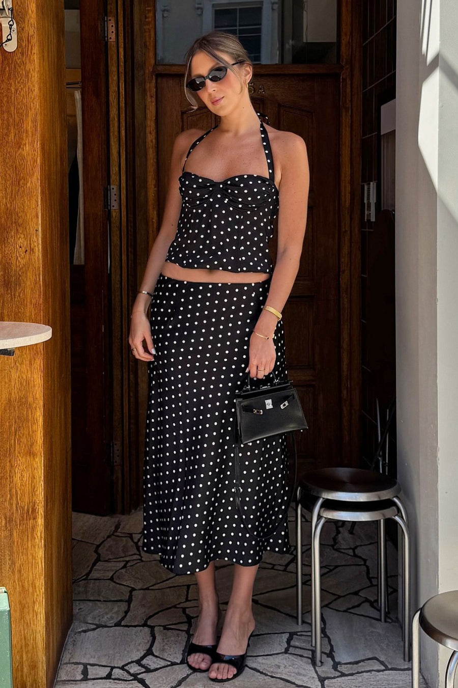 Polka Dot Halter Cami Straight Maxi Skirt Set