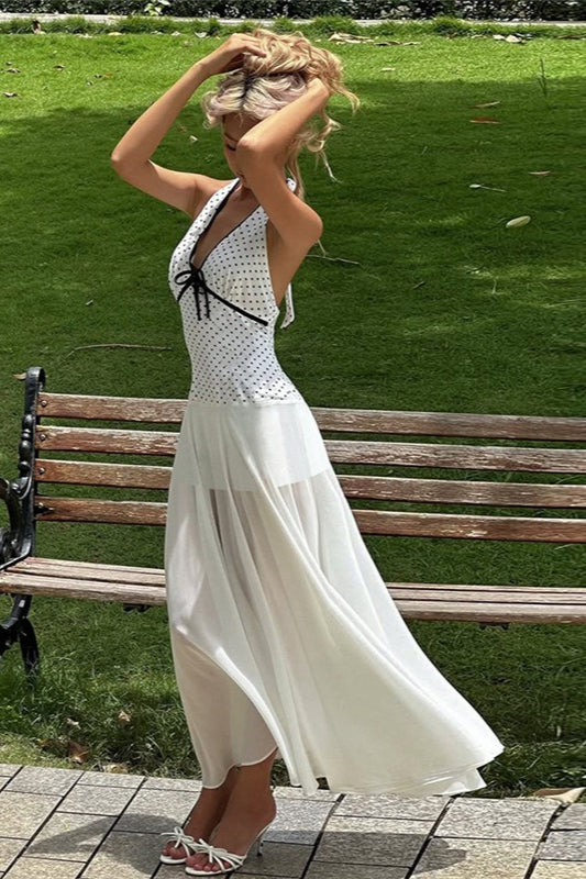 Floral Estampado Lunares Espalda Descubierta Con Lazo Vestido Maxi