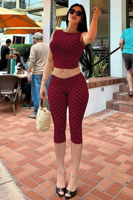 Polka Dot Sleeveless Fitted Capri Pants Set