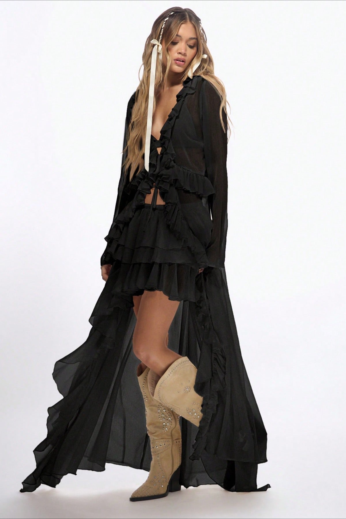 High Waist Asymmetric Tiered Chiffon Skirt