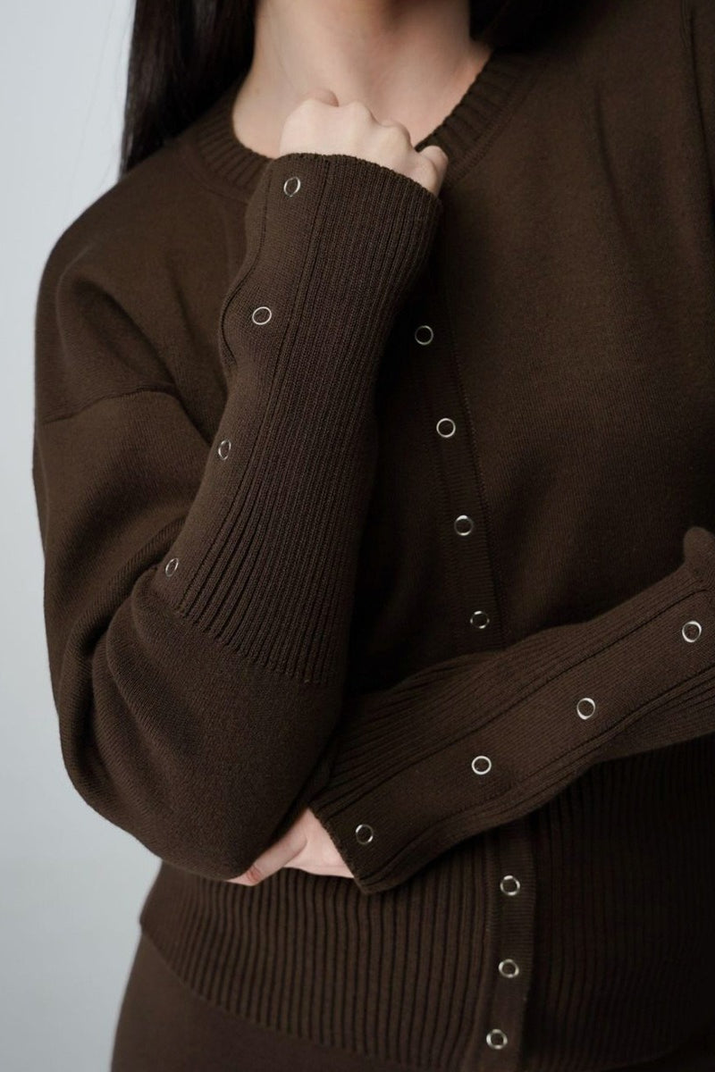 Round Neck Button Cardigan Flared Pants Knit Set
