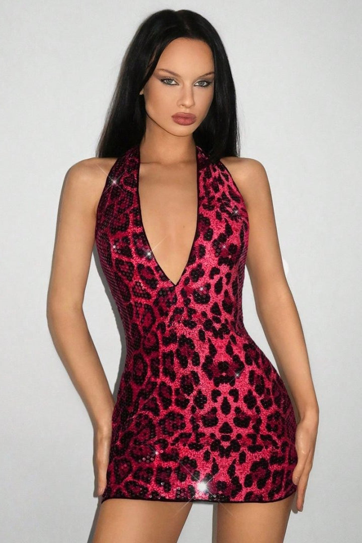 Halter Deep V Leopard Print Mini Dress