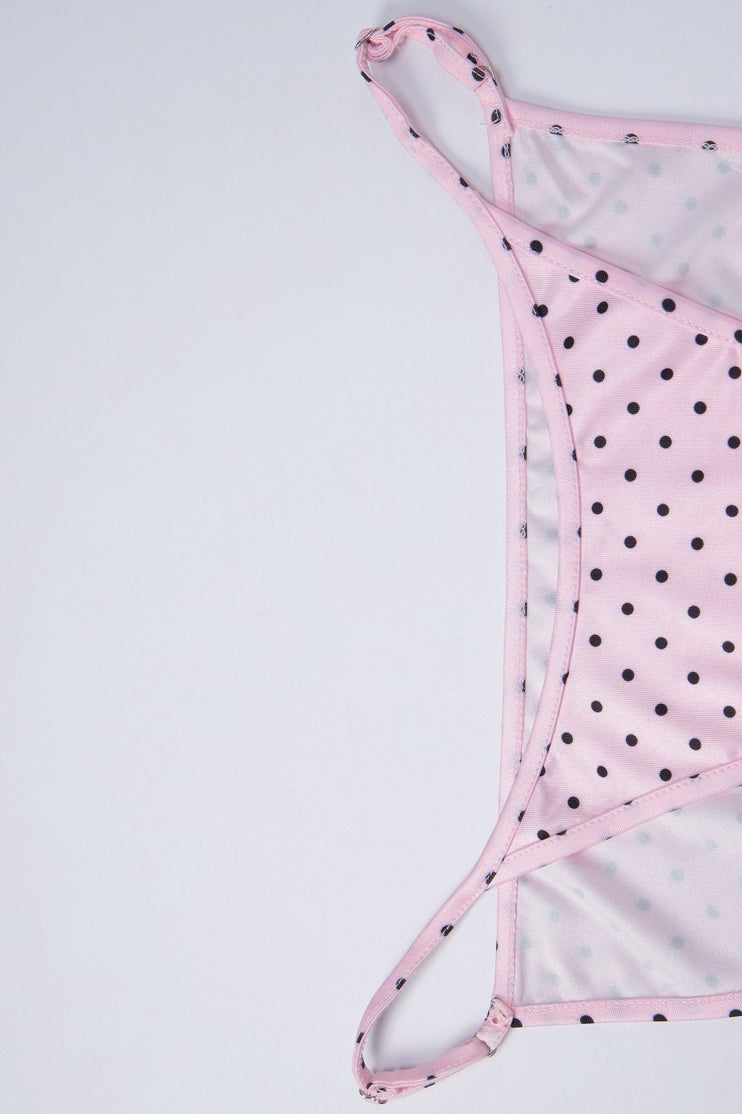 Pink Polka Dot Halter Skirt Style Three Piece Swim Set