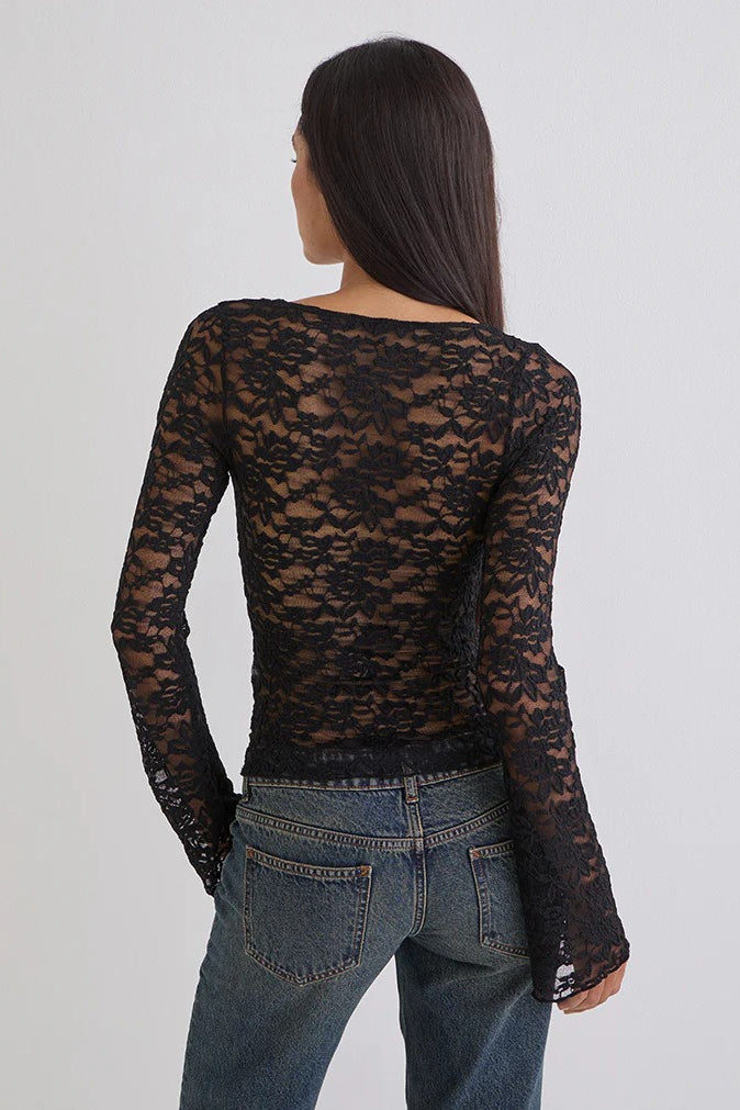 Floral Lace Deep V Long Sleeve Tee
