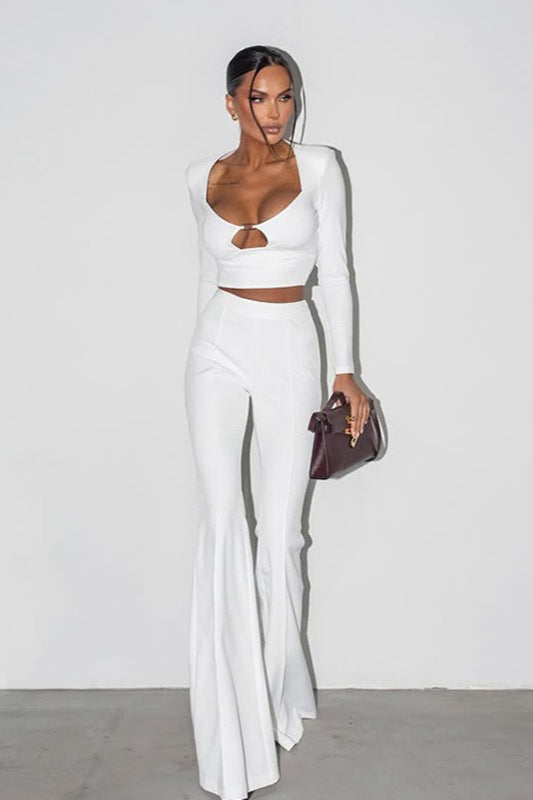 Solid Color Long Sleeve Crop Top Pants Set