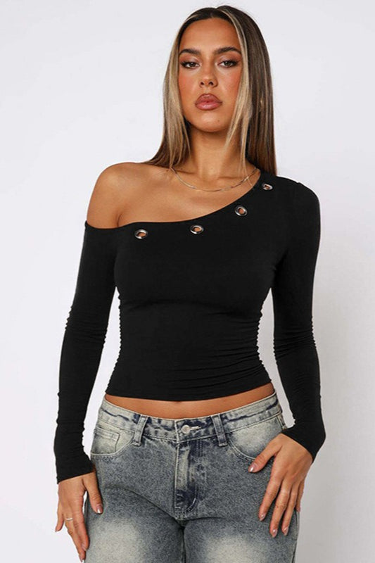 Off Shoulder Asymmetrical Neck Long Sleeve Tee