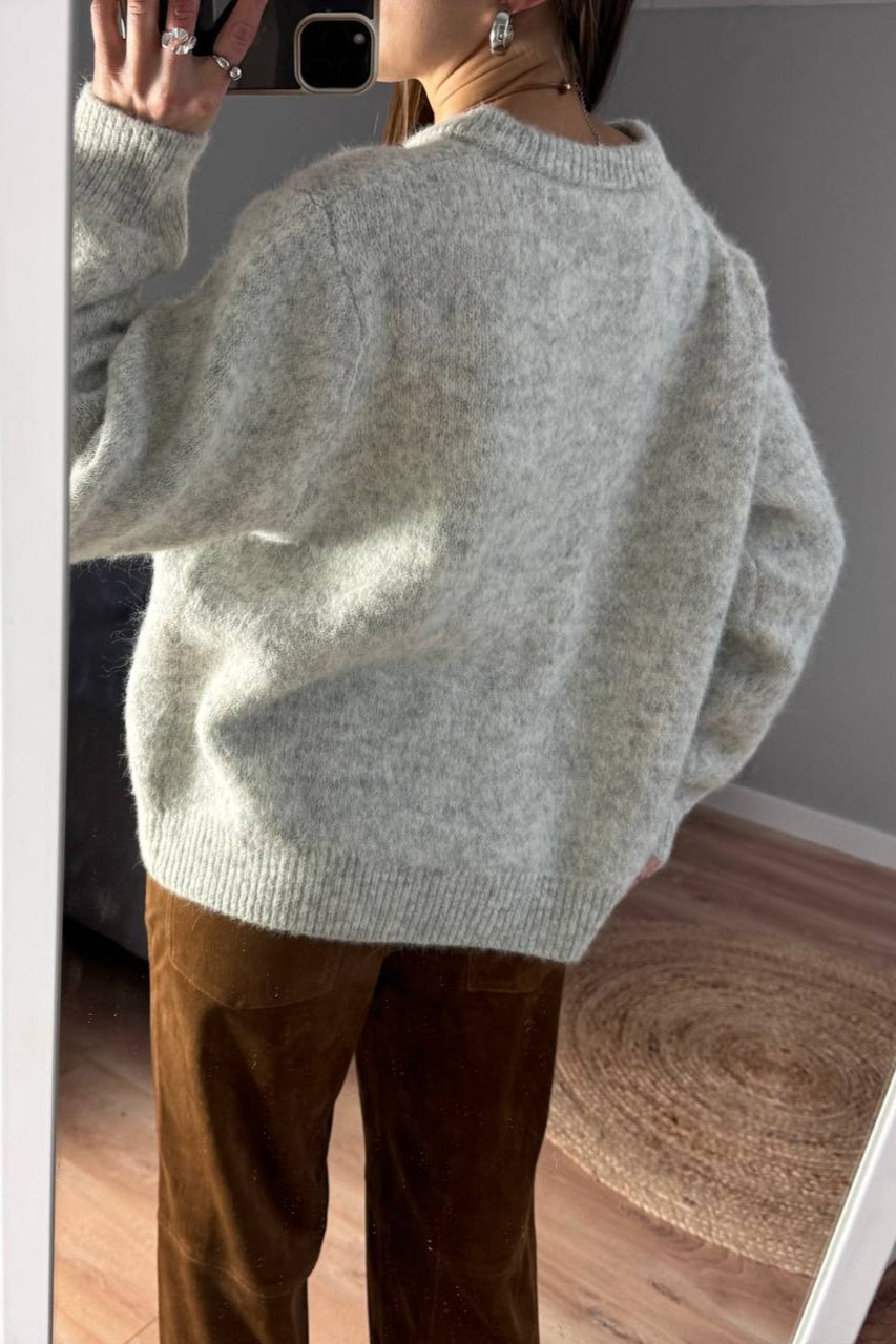 Textured Crew Neck Button Up Knit Cardigan