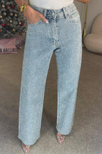 Rhinestone Washed High Waist Jeans