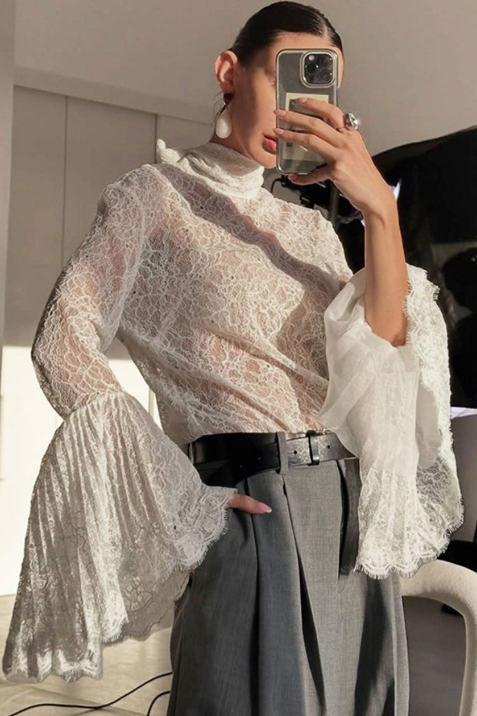 Lace Flounce Collar Ruffled Sleeve Sexy Blouse