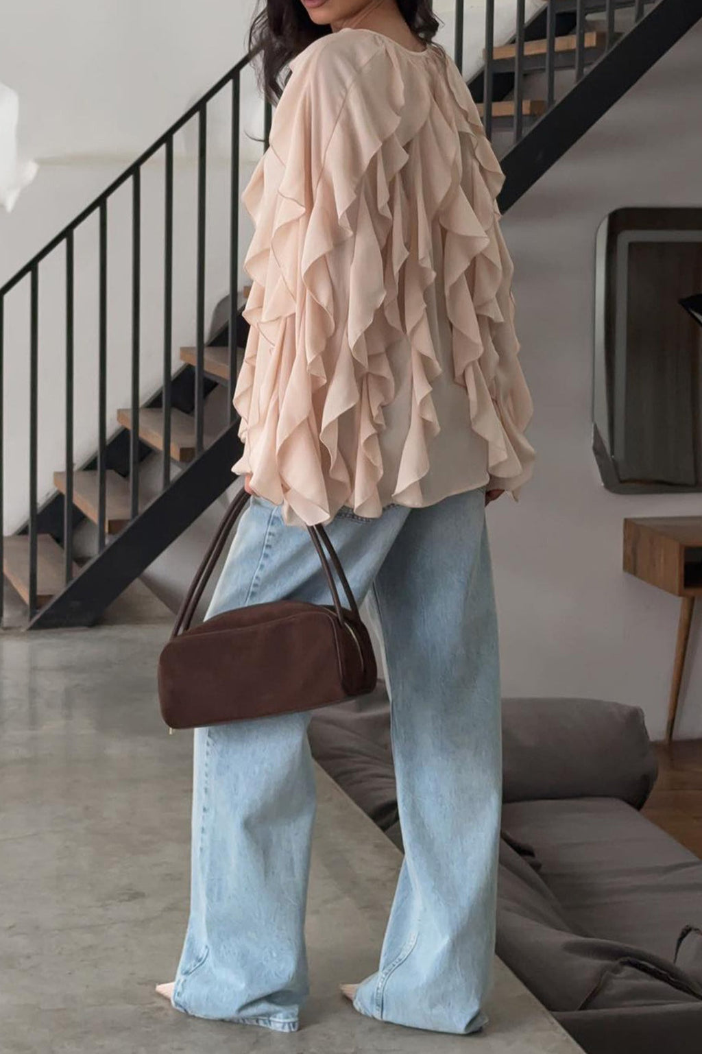 Ruffled Loose Tie Front Open Casual Blouse