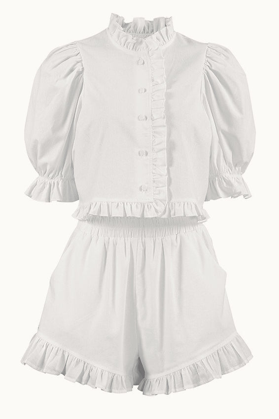Stand Collar Puff Sleeve Ruffle Shorts Set