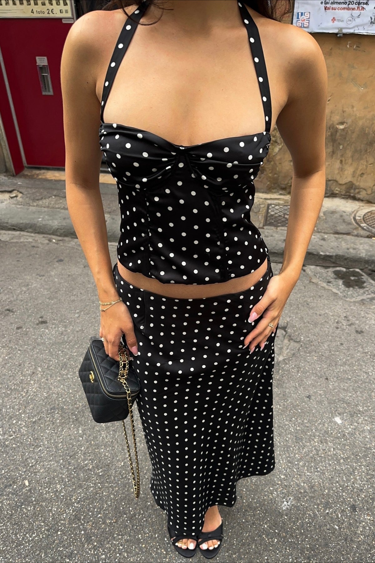 Polka Dot Halter Cami Straight Maxi Skirt Set