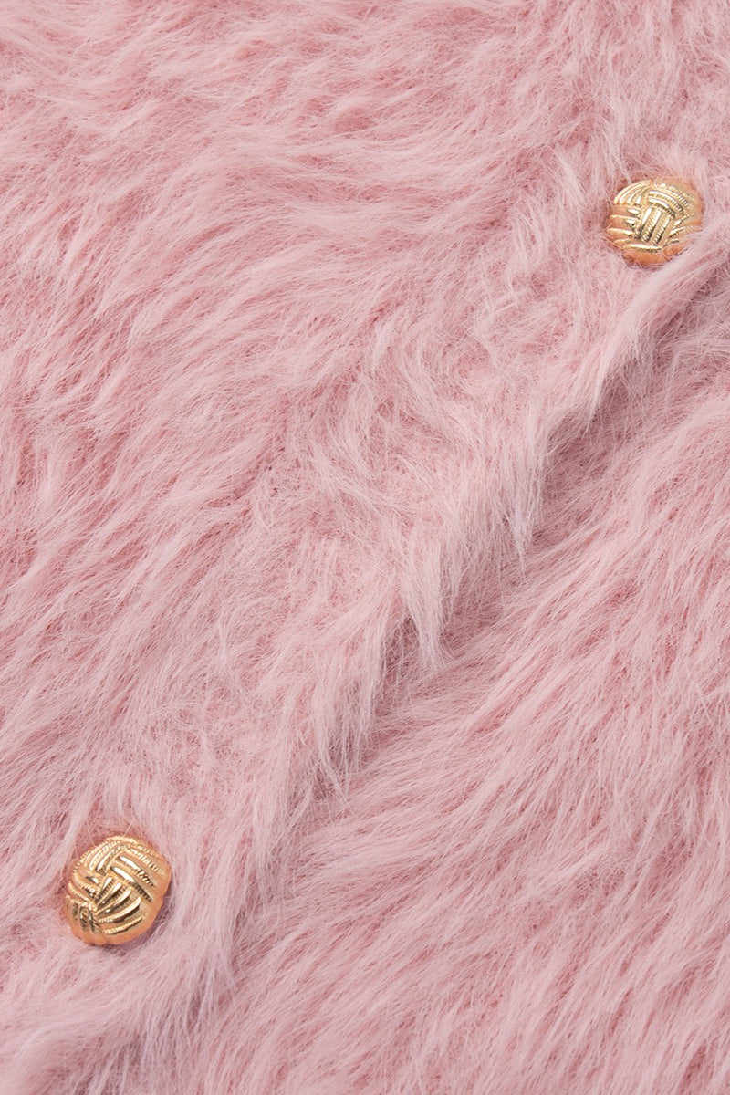 Fuzzy Round Neck Gold Button Cardigan