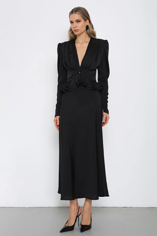 Deep V Neck Waist Cinched Ruffle Hem Shoulder Pad Blouse