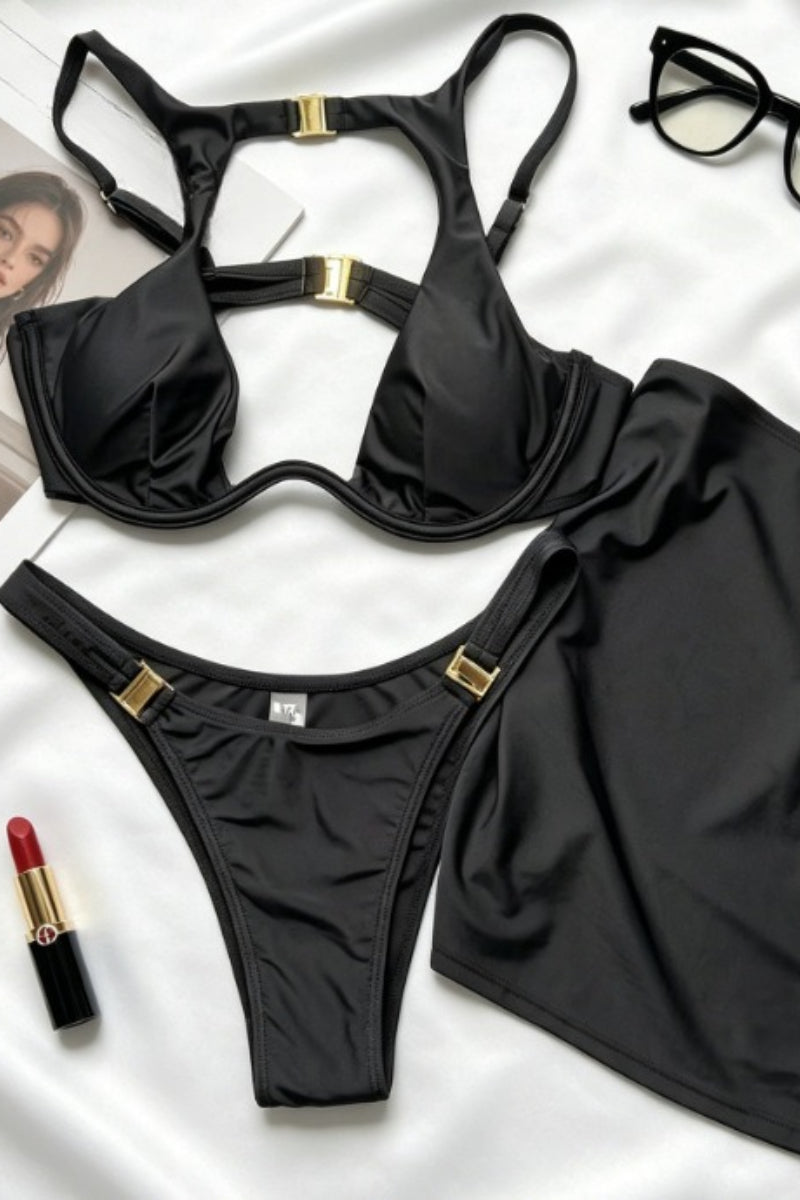 Hollow Out Black Halter Three Piece Swim Set