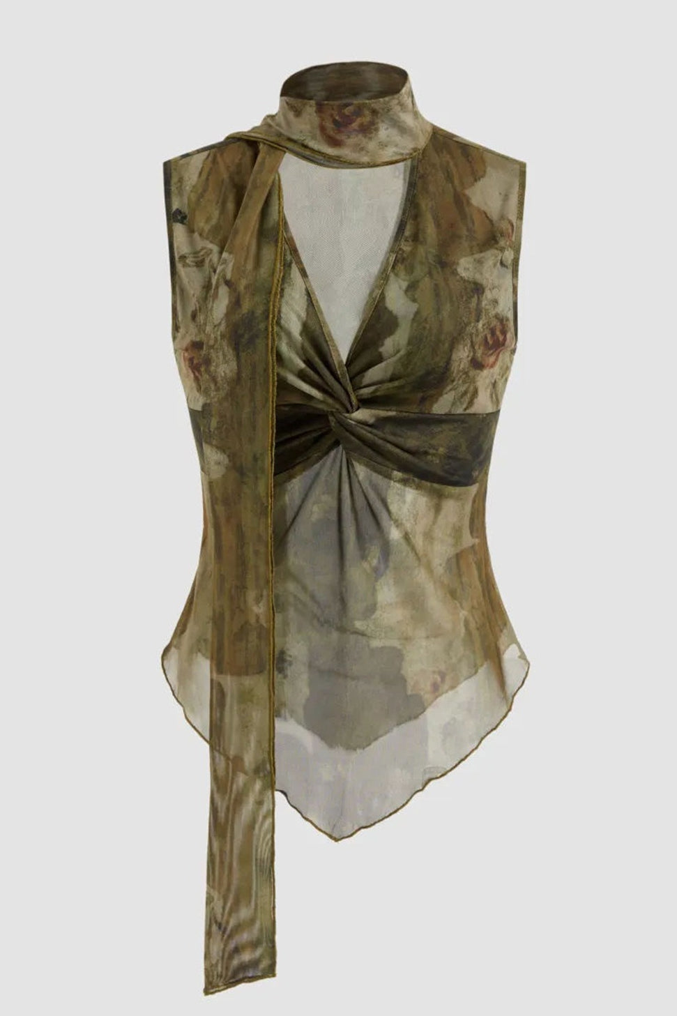 Sheer Mesh Print Ribbon Tie Halter Top
