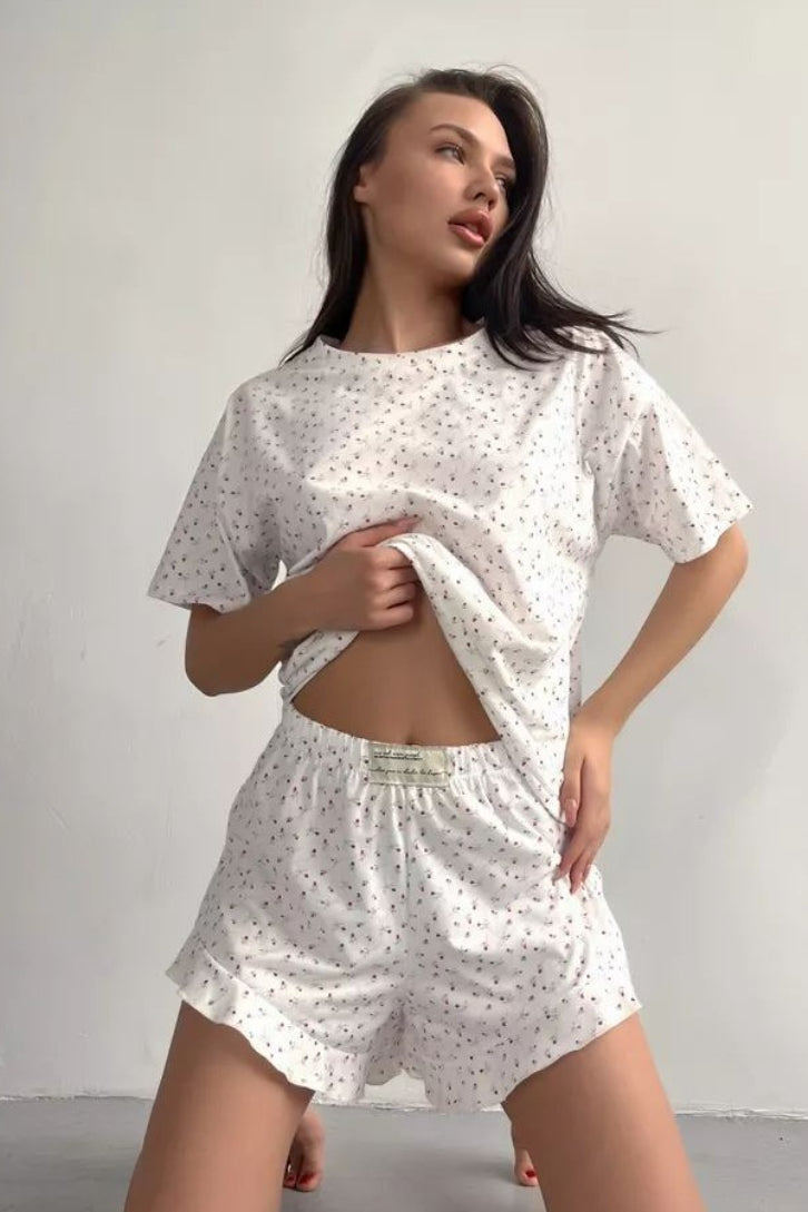 Floral Print Crew Neck Lounge Shorts Set