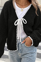 Contrast Edge V Neck Tie Front Cardigan
