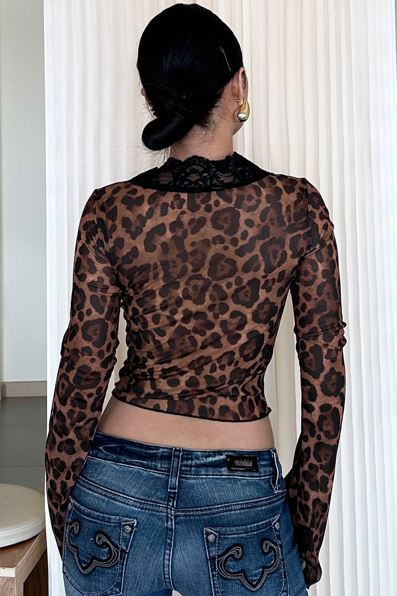 Printed Mesh Lace Trim Button Front Blouse