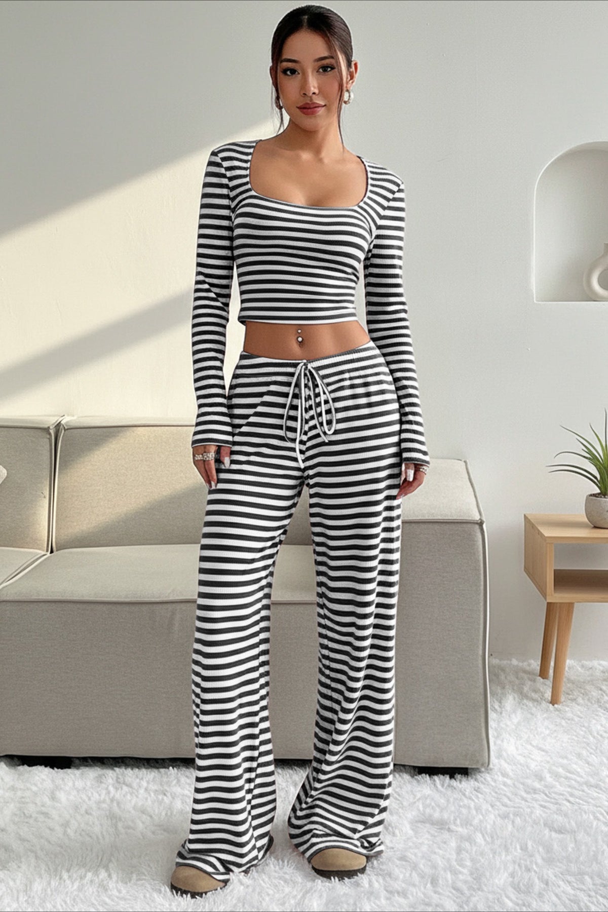 Casual Two Tone Stripe Two Piece Pants Set