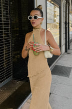 Green halter neck top and pleated wide-leg pants set
