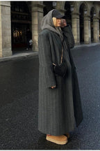 Long striped V-neck wool coat