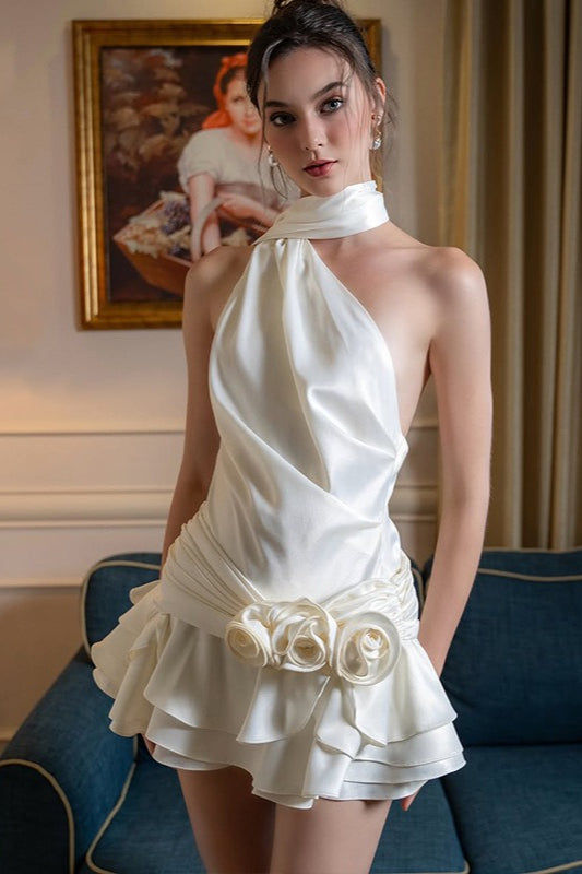 Elegante Satén Floral en 3D Vestido de Cóctel