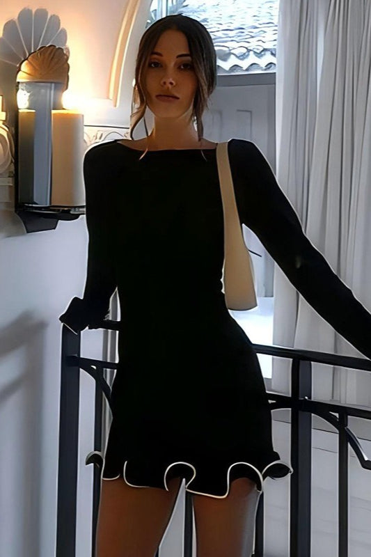 Elegante Cuello Redondo Volantes Vestido de Cóctel