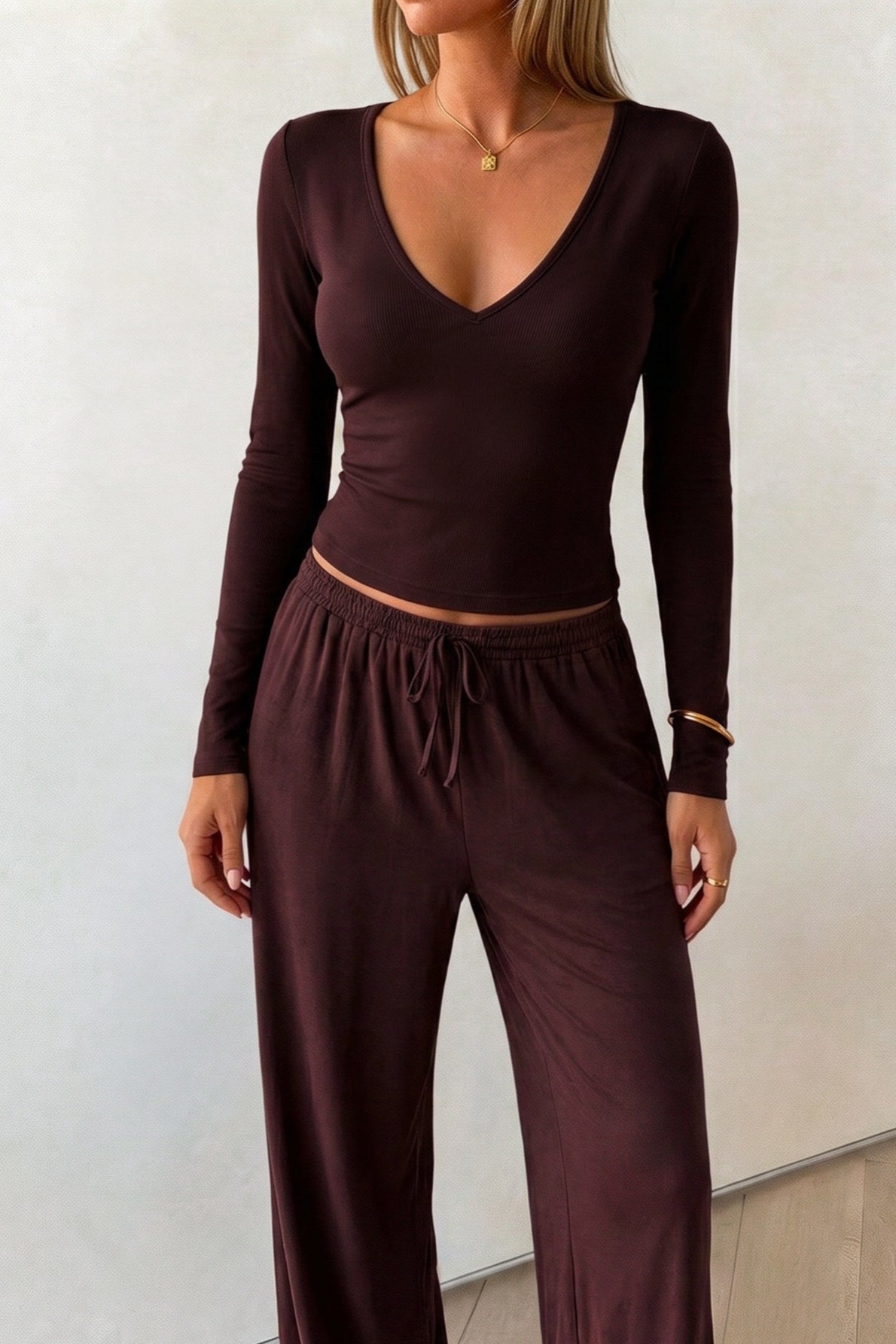 Brown Deep V Fitted Active Pants Set