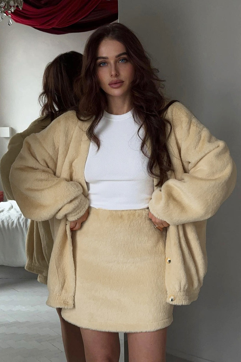 Plush Cardigan Mini Skirt Knit Set