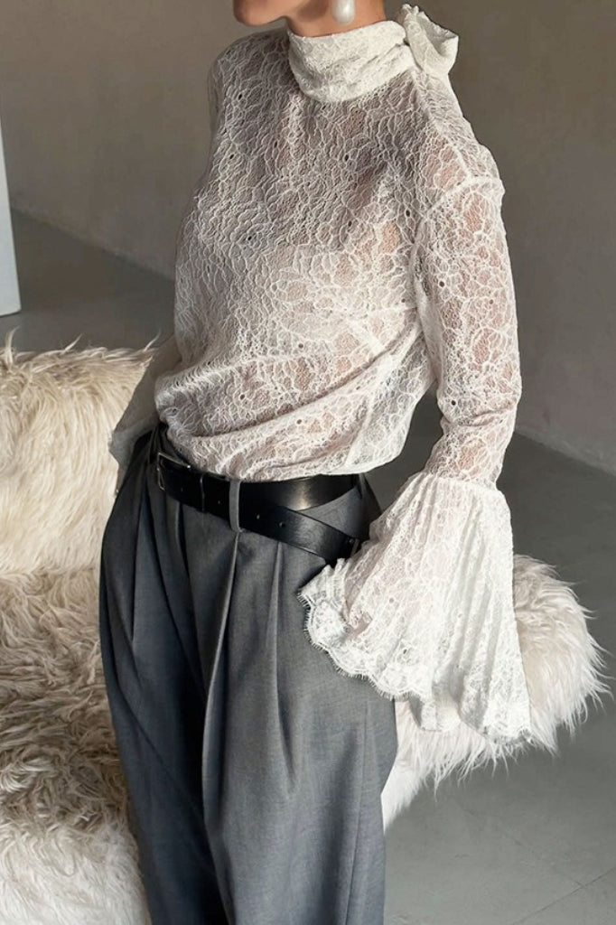 Lace Flounce Collar Ruffled Sleeve Sexy Blouse