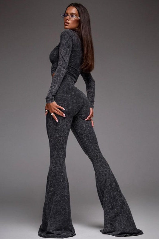 Sexy Zip Front Crop Top Flared Pants Set