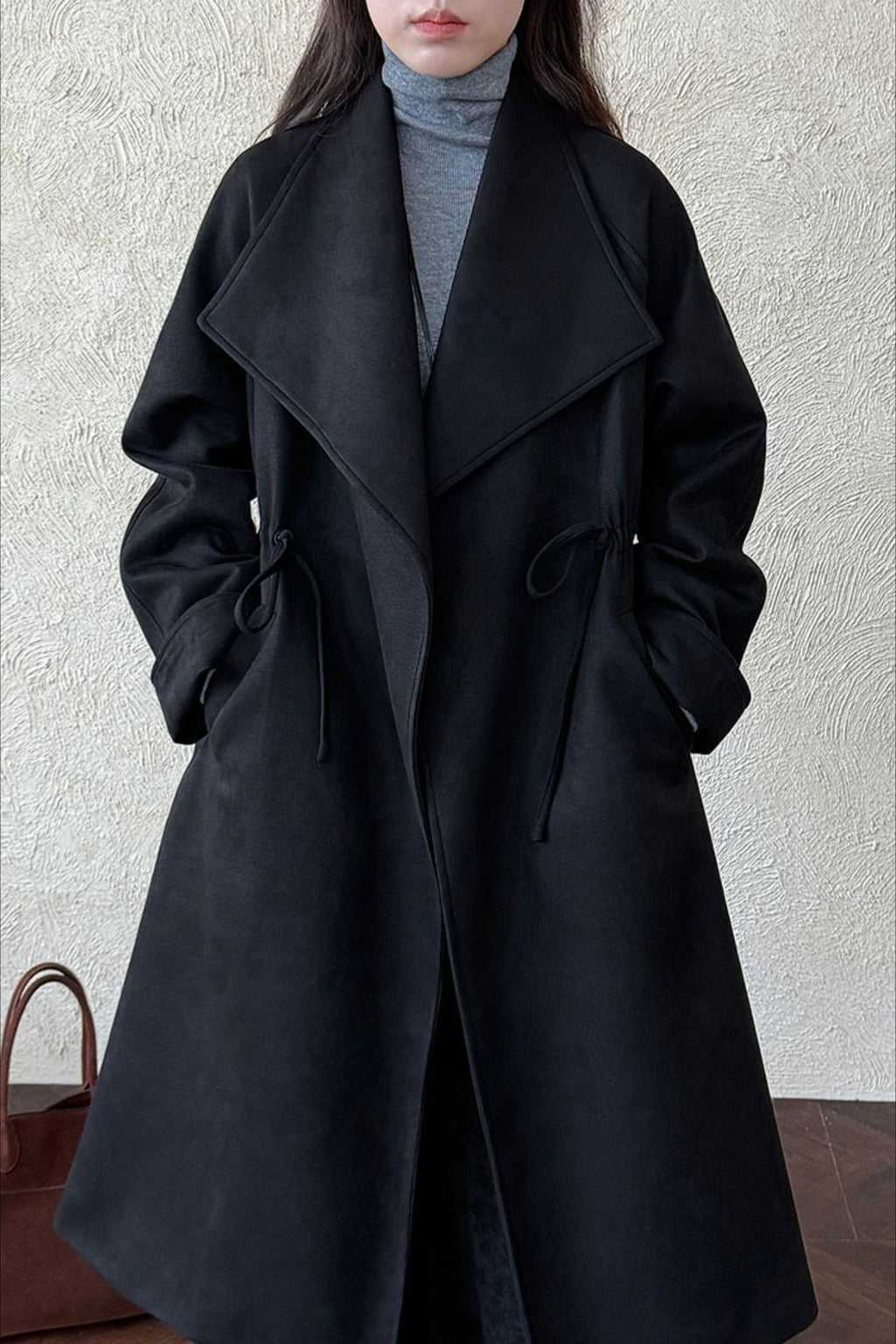 Drawstring Notch Collar Long Relaxed Overcoat