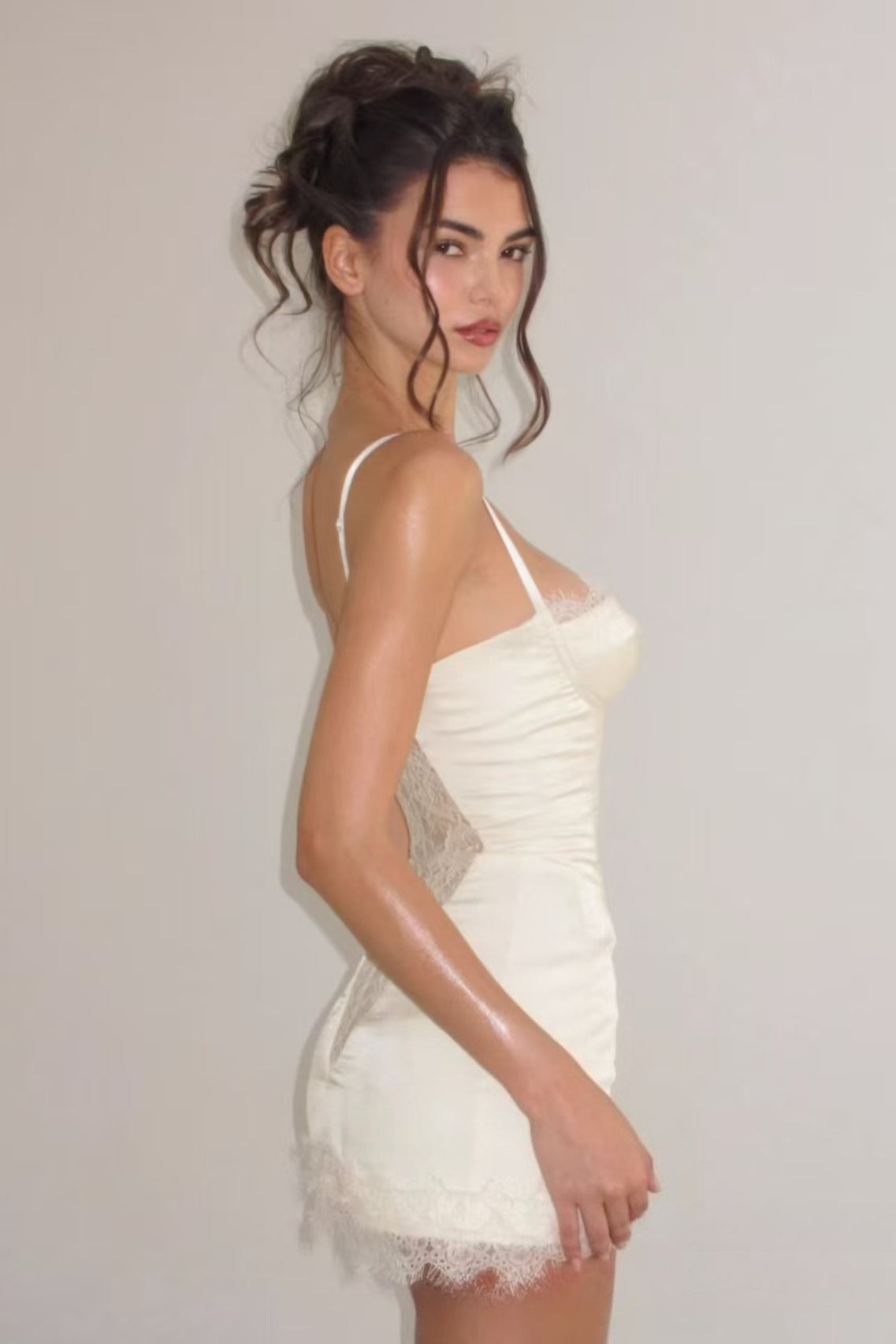Satin Lace Ruffle Strapless Mini Dress
