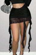 Black Sexy Ruched Mesh Ruffle Hem Skirt
