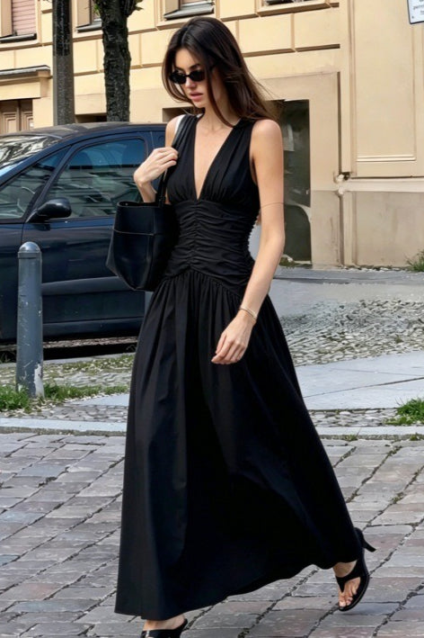 Solid Color Deep V Ruched A Line Maxi Dress