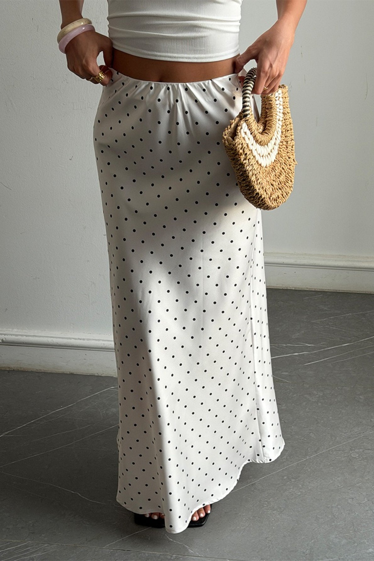 Polka Dot Satin High Waist Skirt
