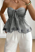 Embroidered Trim Plaid Tie Front  Tube Top