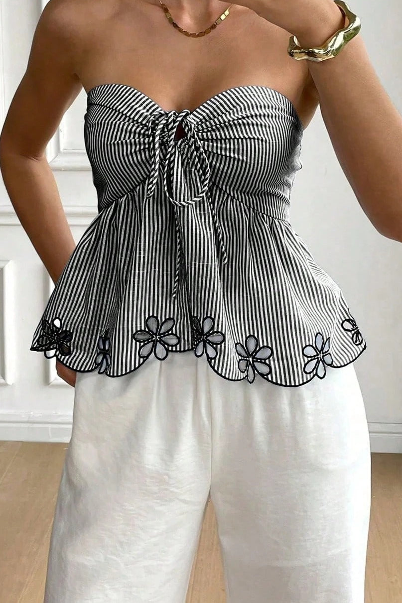 Embroidered Trim Plaid Tie Front  Tube Top