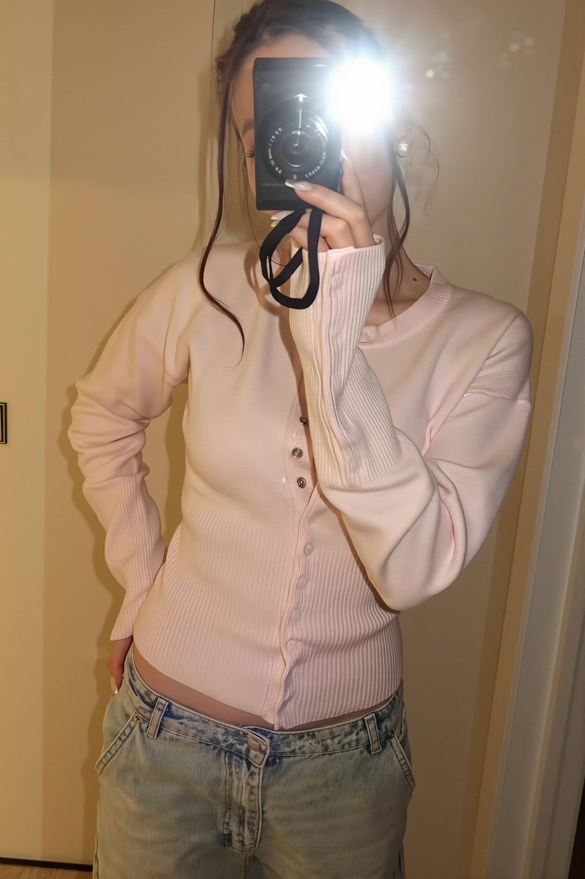 Ribbed Round Neck Fitted Waist Cardigan
