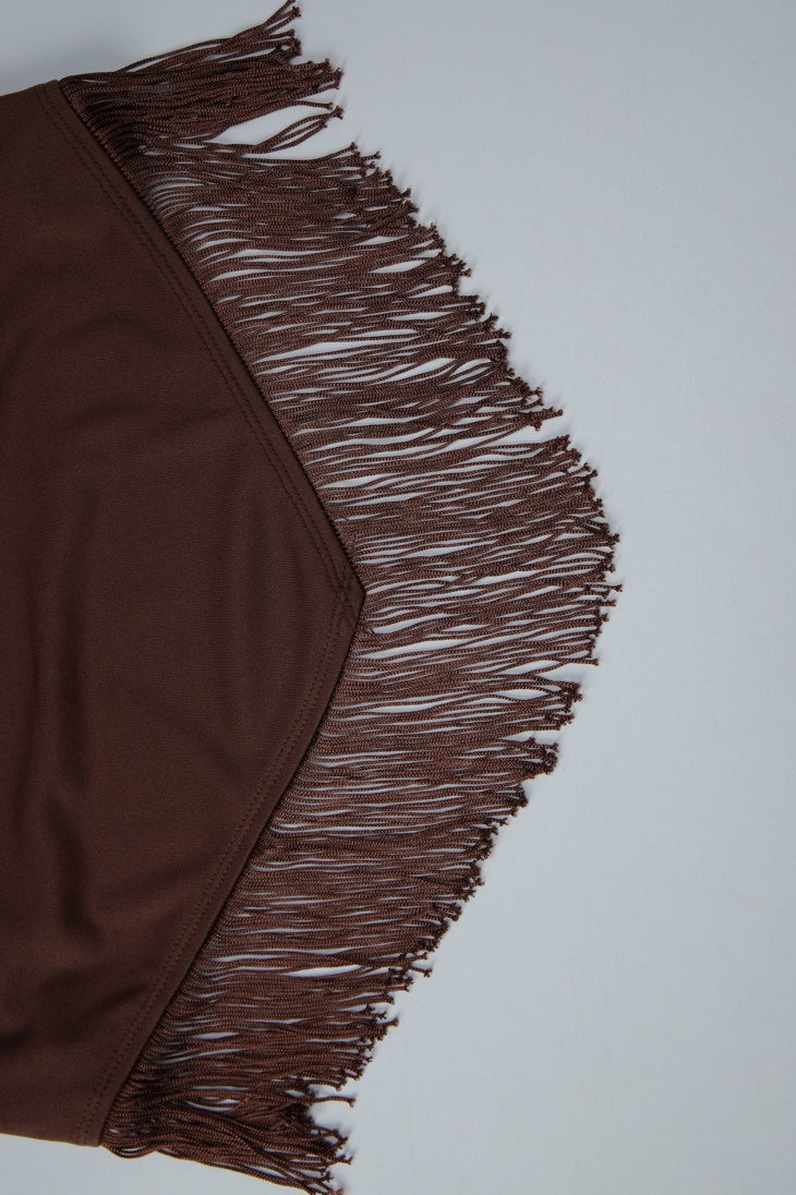 Cowl Neck Metal Accent Fringe Hem Halter Top