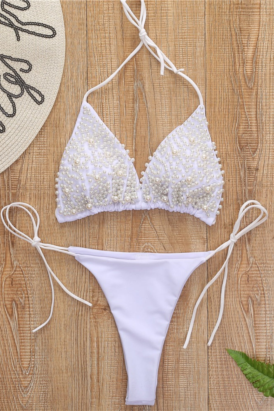 Pearl Decor Halter Triangle Lace Up Bikini Set