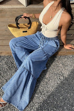 Tiered Panel Drawstring Wide Leg Jeans
