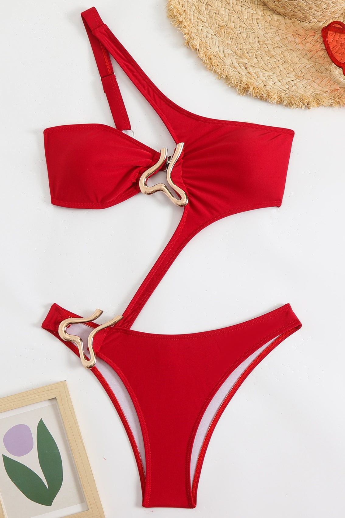 Solid Cutout Asymmetric Metal One Piece Swimwear