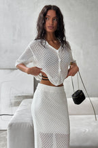 Openwork Collared Cardigan Maxi Skirt Set
