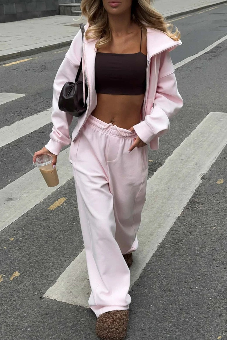 Zipper Hoodie Long Sleeve Wide Leg Pants Two Piece Set