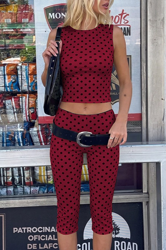 Polka Dot Sleeveless Fitted Capri Pants Set