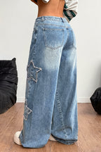 Frayed Star Applique Wide Leg Jeans