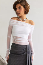 Long-sleeve, fitted, sheer mesh, off-the-shoulder top